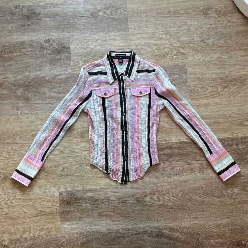 Y2K Club Monaco Striped Plisse Faux Pockets Button-Up Shirt With Cuffs